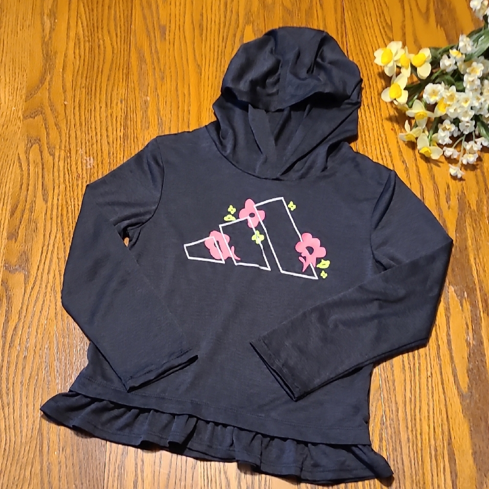 Adidas Black and Pink Hooded Top with Ruffle Detail - Girl's 6
